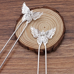 Silver Brass Hair Fork Findings, with Butterfly Filigree Findings, Silver, 135x35x6.5mm