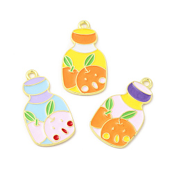 Mixed Color Rack Plating Alloy Pendants, with Enamel, Cadmium Free & Nickel Free & Lead Free, Orange Drink Bottle Charm, Light Gold, Mixed Color, 26x14.5x1.2mm, Hole: 1.8mm