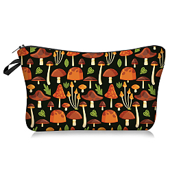 Black Rectangle Polyester Cosmetic Storage Bags, Mushroom Print Zipper Pouches for Makeup Storage, Black, 13.5x22cm