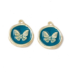 Teal Alloy Enamel Pendants, Light Gold, Flat Round with Butterfly, Teal, 21x18x2mm, Hole: 1.7mm