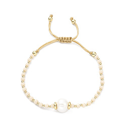 Bisque Adjustable Pearl & Glass & Brass Braided Beaded Bracelet for Women, Bisque, Inner Diameter: 1-7/8~2-7/8 inch(4.8~7.3cm)