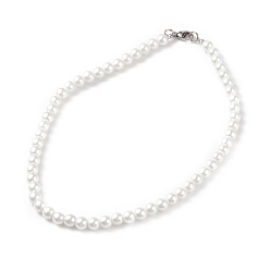 White Glass Pearl Round Beaded Necklace for Men Women, White, 17-3/4 inch(45cm), Beads: 8mm