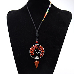 Red Jasper Chakra Themed Natural Red Jasper Chips Beaded Tree of Life Pendant Necklaces, Platinum Brass Wire Wrap Necklace with Mixed Stone Chips, 25.98 inch(66cm)