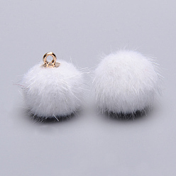 White Handmade Faux Mink Fur Covered Pendants, with Alloy Findings, Round, Golden, White, 16~17x13.5~14mm, Hole: 1.5mm