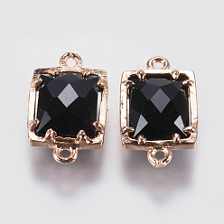 Black Glass Links connectors, with Brass Finding, Faceted, Rectangle, Golden, Black, 15x9x4mm, Hole: 0.6mm