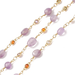 Amethyst Natural Amethyst Nugget Beaded Brass Cable Chains, with Colorful Cubic Zirconia Flat Round Links, Soldered, with Spools, Cadmium Free & Lead Free, Real 18K Gold Plated, 17~18x6.5~7x5~5.5mm, 7.5x4x2mm
