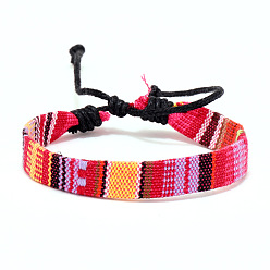 Cerise Cloth Rope Braided Flat Cord Bracelet, Ethnic Tribal Adjustable Bohemia Bracelet, Cerise, 7-1/8 inch(18cm)