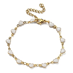 White Golden 304 Stainless Steel Heart Link Chain Bracelet with Enamel, White, 6-7/8 inch(17.5cm)
