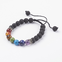 Lava Rock Chakra Jewelry, Adjustable Gemstone and Resin Braided Bead Bracelets, with Nylon Thread and Alloy Findings, Natural Lava Rock, 2-1/8 inch(54mm)