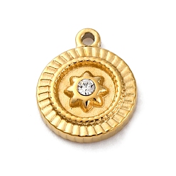 Кристалл 304 из нержавеющей стали горный хрусталь подвески, плоское круглое солнце, ионное покрытие (ip), реальный 14 k позолоченный, кристалл, 12.5x10x3 мм, отверстие : 1.2 мм