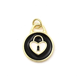 Черный Латунь эмаль подвески, плоский круглый с подвесками-замками, реальный 18 k позолоченный, с целью перехода в кольце, без свинца и без кадмия, долговечный, стойки покрытие, чёрные, 19x15x2 мм, отверстие : 3.4 мм