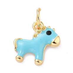 Deep Sky Blue Real 18K Gold Plated Brass Charms, with Enamel and Jump Rings, Long-Lasting Plated, Horse, Deep Sky Blue, 11x11x1.5mm, Jump Ring: 5x1mm, 3mm Inner Diameter