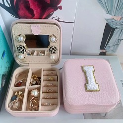 Letter I Letter Imitation Leather Jewelry Organizer Case with Mirror Inside, for Necklaces, Rings, Earrings and Pendants, Square, Pink, Letter I, 10x10x5.5cm