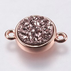 Sienna Druzy Resin Links connectors, with Brass Finding, Flat Round, Rose Gold, Sienna, 14.5x9.5x3.5~4mm, Hole: 1.5mm