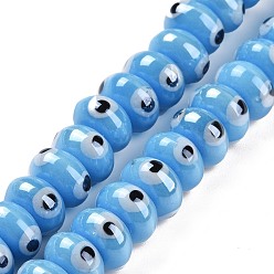 Deep Sky Blue Handmade Procelain Beads Strands, Abacus with Evil Eyes, Deep Sky Blue, 8.5x5mm, Hole: 1.5mm, about 55pcs/strand, 11.57''(29.4cm)
