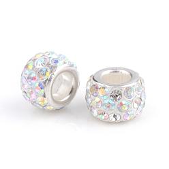 Crystal AB Polymer Clay Rhinestone European Beads, Large Hole Beads, Rondelle, with Silver Color Plated Brass Cores, Crystal AB, 10~12x7~8mm, Hole: 5mm