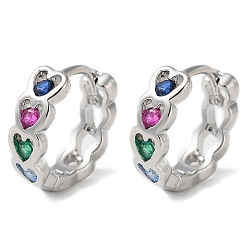 Платина Серьги-кольца из латуни с микро-паве, цветные циркониевые серьги для женщин, сердце, платина, 14x4.5 мм