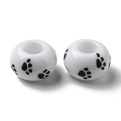 White Printed Opaque Acrylic Beads, Large Hole Beads, Round, White, 14x8.5mm, Hole: 5.8mm