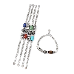 Mixed Stone Natural & Synthetic Mixed Gemstone Beaded Link Bracelet, 304 Stainless Steel Skull Jewelry, 7-1/2 inch(19cm)