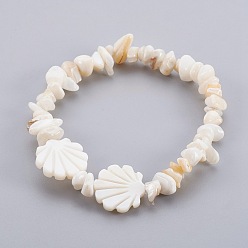 Shell White Shell Chip Beads Stretch Bracelets, with Freshwater Shell Beads, Scallop, 2 inch(5.2cm), 4~13x1~6mm and 15~16x16x2~3mm
