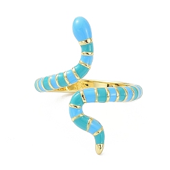 Deep Sky Blue Snake Real 18K Gold Plated Cuff Rings for Women, Brass Enamel Open Rings
, Deep Sky Blue, US Size 6 1/2(16.9mm)