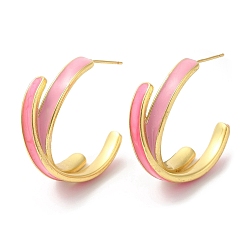 Pink Rack Plating Brass Criss Cross Stud Earrings for Women, Real 18K Gold Plated, Lead Free & Cadmium Free, Pink, 30x10mm