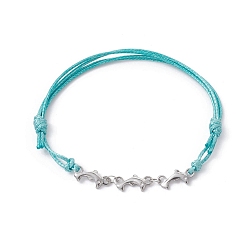 Stainless Steel Color Dolphin 304 Stainless Steel Link Bracelets, Waxed Polyester Adjustable Bracelet, Stainless Steel Color, Inner Diameter: 2~3-1/8 inch(5~8cm)