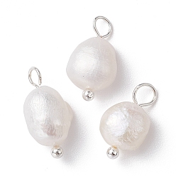 Silver Natural Pearl Potato Charms, with Brass Loops, Silver, 13~15x6~8x6mm, Hole: 2.8mm, 3pcs/set