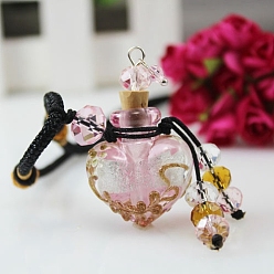 Pearl Pink Lampwork Heart Perfume Bottle Pendant Necklace with Braided Rope, Essential Oil Vial Necklace with Bead Tassel Charm for Women, Pearl Pink, 17.72~25.59 inch(45~65cm)