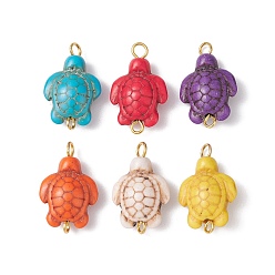 Golden Synthetic Turquoise Dyed Connector Charms, Sea Turtle Links, Mixed Color, Golden, 22.5x14x7mm, Hole: 1.8mm & 2.5mm