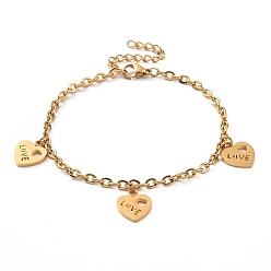 Golden 304 Stainless Steel Heart with Word Love Charm Bracelet with Cable Chains for Valentine's Day, Golden, 7-1/8 inch(18cm)