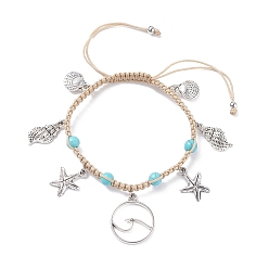 Antique Silver Synthetic Turquoise Braided Bead Bracelet, Starfish & Shell & Wave Alloy Charms Adjustable Bracelet for Women, Antique Silver, Inner Diameter: 2-1/8~3-1/8 inch(5.3~8cm)