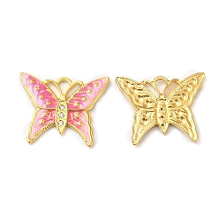 Hot Pink Real 18K Gold Plated 304 Stainless Steel Rhinestone Pendants, with Enamel, Butterfly Charms, Hot Pink, 20x24.5x2mm, Hole: 3x2mm