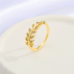 wheat ear Geometric Gold Ring with Hollow-out Design and Diamond Inlay Chain Wrap