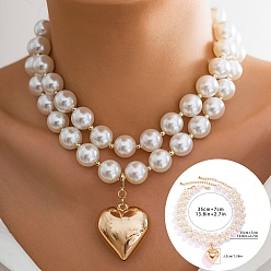 Golden 2Pcs 2 Style CCB Plastic Heart Pendant Necklaces Set, Imitation Pearl Round Beaded Necklaces for Women, Golden, 13.78 inch(35cm), 1Pc/style