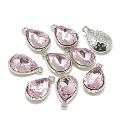 Pearl Pink Alloy Glass Charms, Faceted, teardrop, Platinum, Pearl Pink, 14.5x9x5mm, Hole: 1.5mm