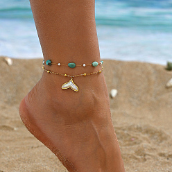 Синий Элегантные двухслойные браслеты на ногу с подвеской в виде рыбьего хвоста из натурального амазонита и нержавеющей стали светло-голубого цвета для женщин, синие, 8-1/4 дюйм (21 см)