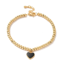 Golden Vacuum Plating 304 Stainless Steel Heart Charm Bracelet with Enamel, 201 Stainless Steel Round Beads Bracelet for Women, Golden, 8-3/8 inch(21.4cm)