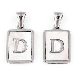 Letter D 304 Stainless Steel Pave Shell Pendants, Rectangle Charm, Stainless Steel Color, Letter D, 17.5x12x1.5mm, Hole: 3x5mm