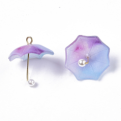 Cornflower Blue Acrylic Pendants, with Golden Plated Brass Loops and ABS Plastic Imitation Pearl, Umbrella, Cornflower Blue, 20~21x20x20mm, Hole: 1.6mm