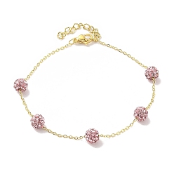 Pink 6mm Round Polymer Clay Rhinestone Link Bracelets, 304 Stainless Steel Cable Chain Bracelets for Women, Real 24K Gold Plated, Pink, 7-1/4 inch(18.5cm), Bead: 6mm