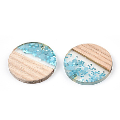 Light Sky Blue Transparent Resin & White Wood Pendants, Flat Round Charms with Paillettes, Light Sky Blue, 28x3.5mm, Hole: 2mm