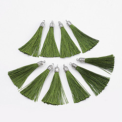 Olive Nylon pompon grandes décorations pendantes, avec les accessoires en alliage d'argent antique, olive, 55~67x7mm, Trou: 2mm