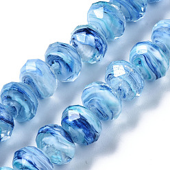 Light Sky Blue Handmade Lampwork Beads Strands, with Glitter Powder, Inner Flower, Abacus, Faceted, Light Sky Blue, 11.5x8.5mm, Hole: 1.5mm, about 45pcs/strand, 15.16 inch(38.5cm)