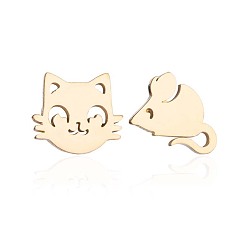 golden Cute Asymmetric Cat Mouse Earrings Stainless Steel Animal Studs for Women Best Friends