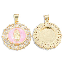 Pink Brass Micro Pave Clear Cubic Zirconia Pendants, with Enamel and Shell, Real 18K Gold Plated, Nickel Free, Flat Round with Virgin Mary, Pink, 23.5x21x4mm, Hole: 3x4mm