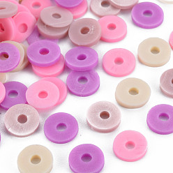 Orchid 4 Colors Handmade Polymer Clay Beads, Heishi Beads, Disc/Flat Round, Orchid & Pearl Pink & Flamingo & Wheat, 8x0.5~1.5mm, Hole: 2mm, about 11500pcs/1000g