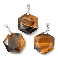 Tiger Eye Faceted Natural Tiger Eye Pendants, with Platinum Tone Brass Findings, Hexagon, 28x25x9mm, Hole: 4x5mm