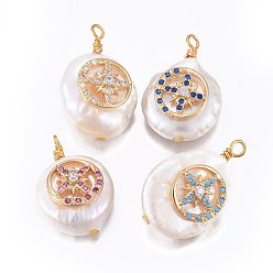 Mixed Color Natural Cultured Freshwater Pearl Pendants, with Brass Cubic Zirconia Findings, Nuggets with Flat Round and Star, Golden, Mixed Color, 17~26x11~16x5~11mm, Hole: 1.6~2mm