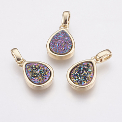 Colorful Natural Druzy Agate Pendants, with Brass Finding, teardrop, Golden, Colorful, 14.5x10x3~4mm, Hole: 2x2.5mm